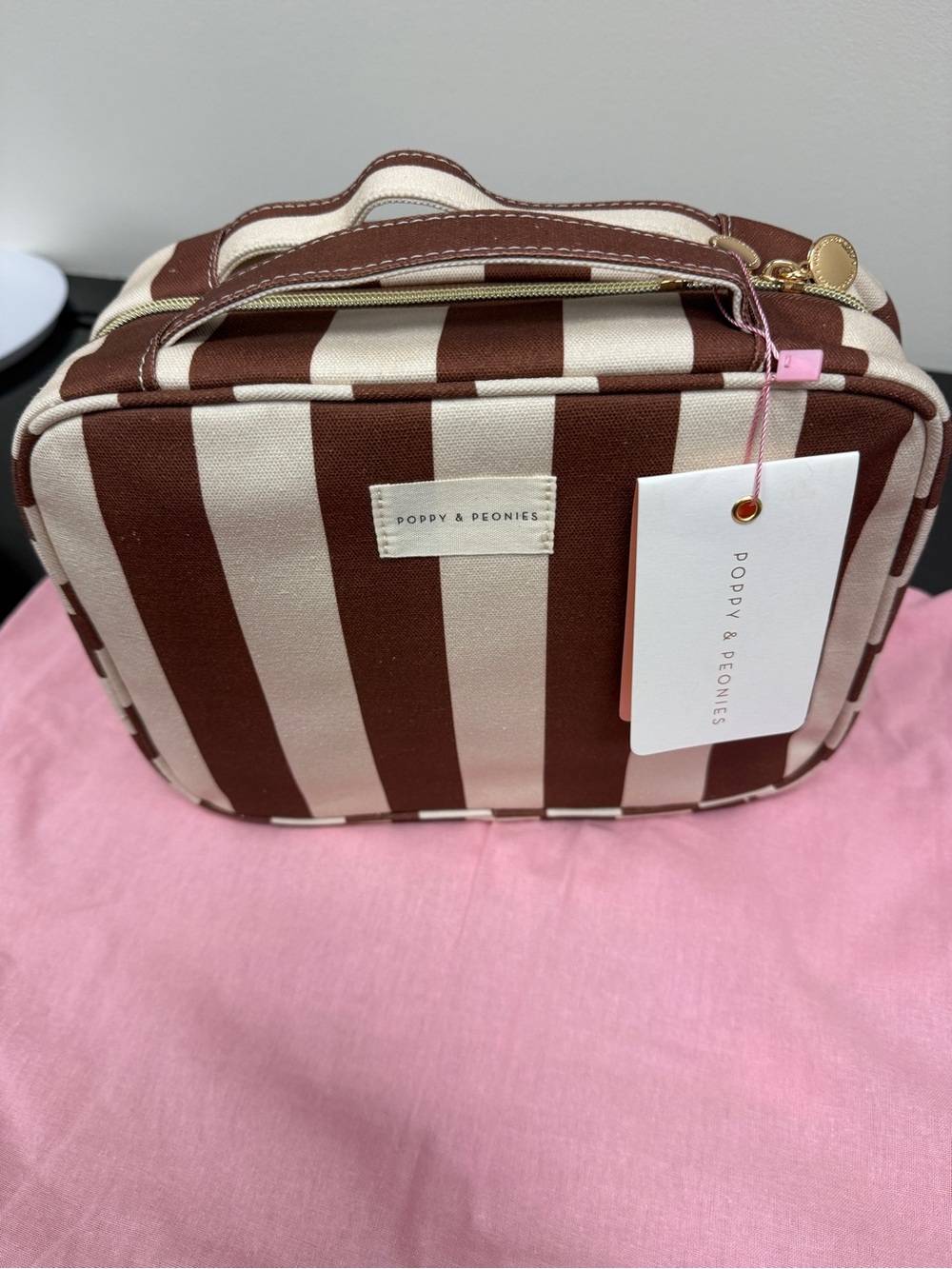 NWT: Poppy & Peonies Brown Striped Hook Me Up Travel Cosmetic Bag